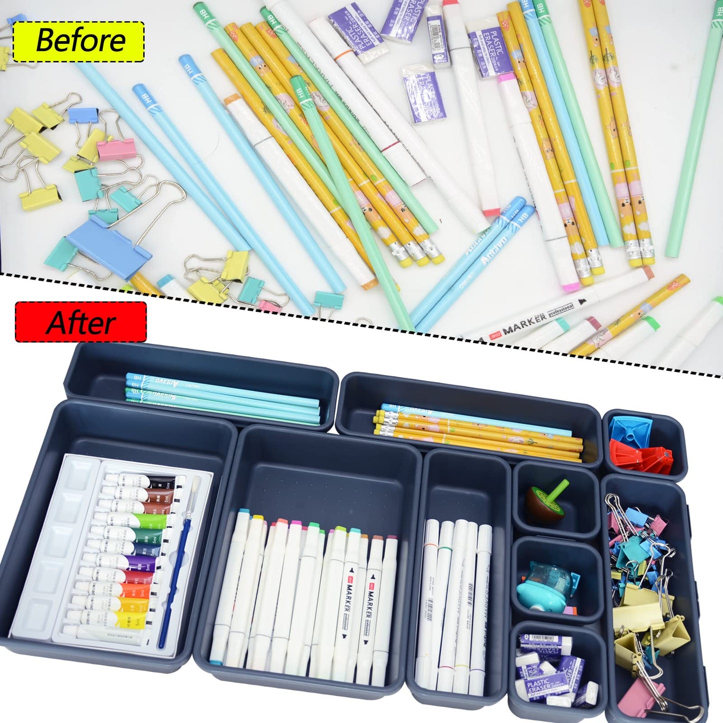 24 Pack Plastic Desk Drawer Organizer and Storage for Office Kitchen Dresser Bathroom Cabinet Organizer,Interlocking Junk Small Drawer Dividers Tray for Makeup Bra Stationery Utensil Tool with 3 sizes