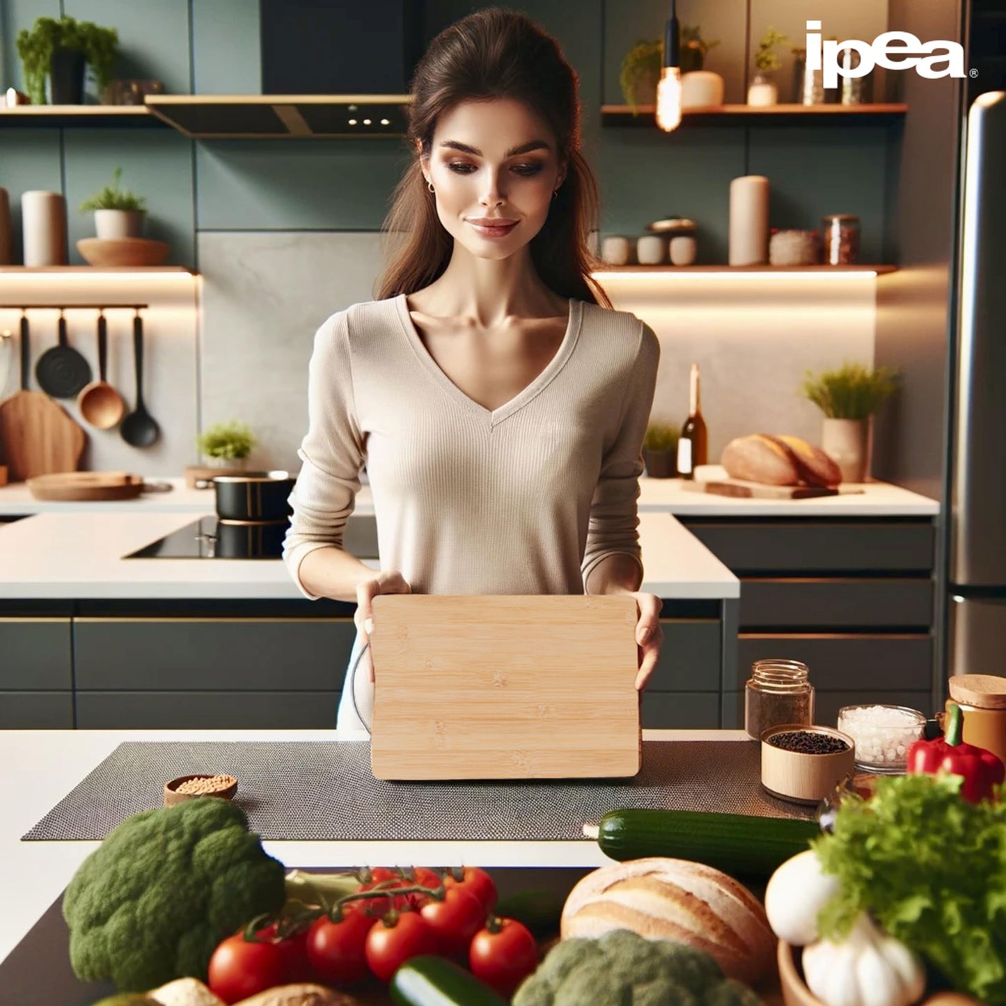 IPEA Rectangular Wooden Chopping Board with Metal Handle for Vegetables, Fruits, Salami - 32 x 22 cm - Multipurpose Kitchen Chopping Board for Cutting and Serving Appetizers, Bread, Cheeses - Bamboo