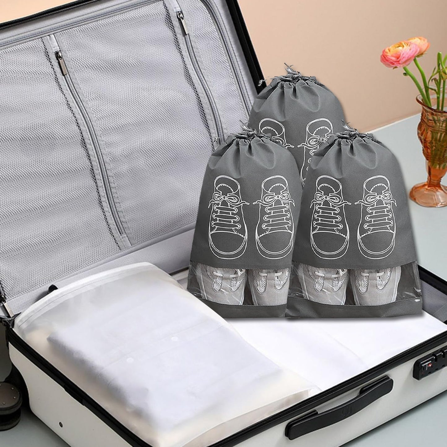 YHQZ 5 Pcs Large Shoe Storage Bags,Shoe Bags for Travel,Dustproof Drawstring Shoes Bags,Shoe Travel Bag,Drawstring Non-Woven Shoes Storage Bags with Transparent Window for Daily and Travel Use(Grey)
