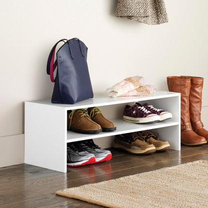 Wooden Shoe Organizer in White, 2-Shelf Freestanding Shoe Rack, Expandable Storage for Entryway or Closet, Simple and Modern Footwear Solution (31")