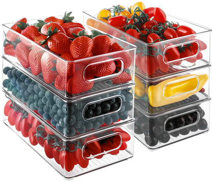 Refrigerator Organizer Bins, 6 PACK Organizer Bins Stackable Fridge Organizers with Cutout Handles for Freezer, Kitchen, Countertops, Cabinets - Clear Plastic Pantry Food Storage Rack