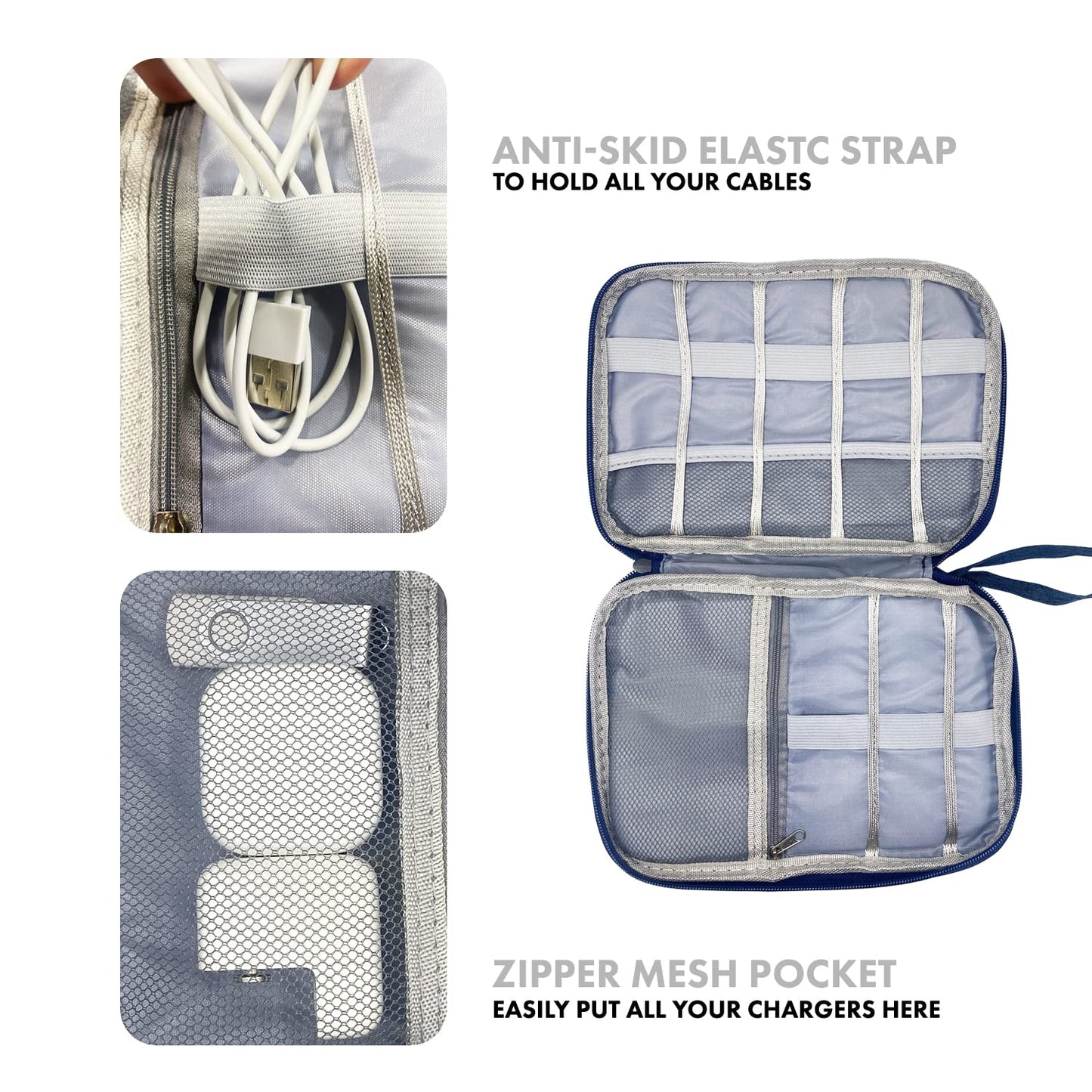 Woodland Leathers Cable Bag and Cable Organiser Bag is a Travel Essentials Electronics Travel Organizer for Chargers, Cables, USB Drive, SD Card, Power Bank and Hard Disk with Handle (Grey)