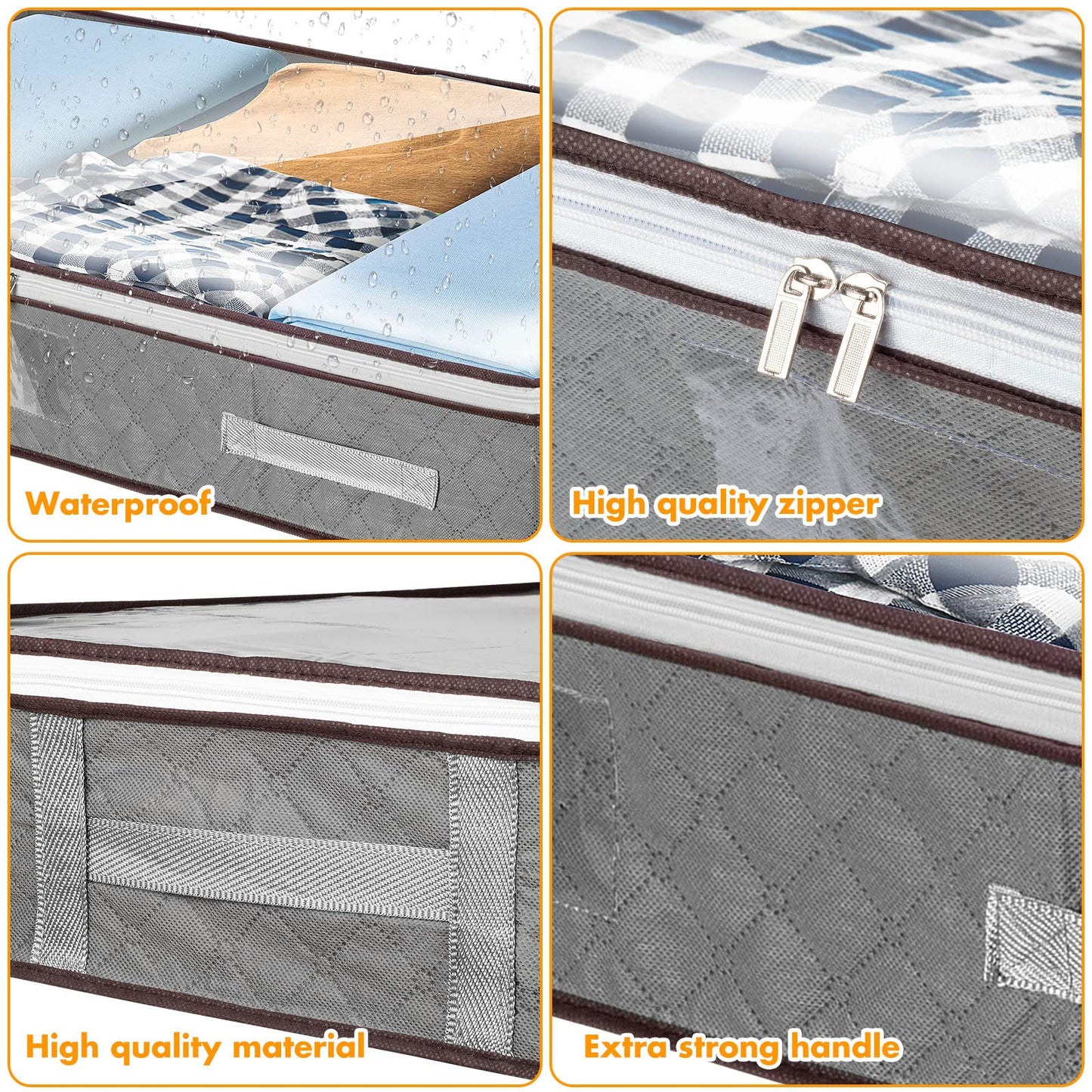 wsryx 4 Pack Underbed Storage Bags with Lids, Foldable Large Under Bed Storage Boxes with Zips, Clothes Bedding Comforter Organiser Containers Bin with Clear Window Reinforced Handles (4 pack grey)