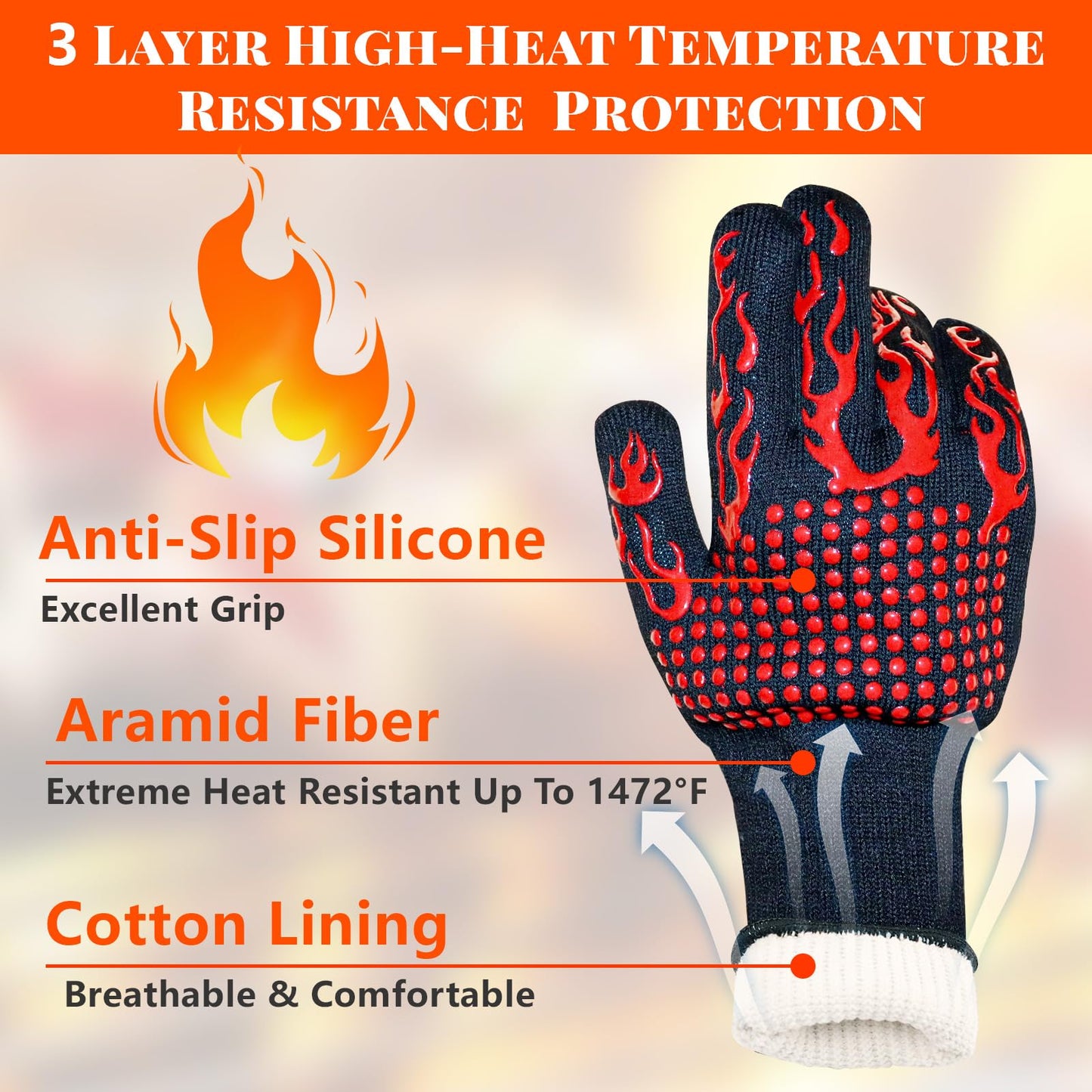 BBQ Grill Gloves for BBQ Accessories, 1472°F Heat Resistant Gloves with Silicone Palm Pads, Non-Slip Grilling Griddle Gloves for Smoker Grill Gloves Oven Mitts for Barbecue Cooking Baking Cutting
