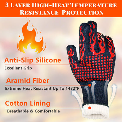 BBQ Grill Gloves for BBQ Accessories, 1472°F Heat Resistant Gloves with Silicone Palm Pads, Non-Slip Grilling Griddle Gloves for Smoker Grill Gloves Oven Mitts for Barbecue Cooking Baking Cutting