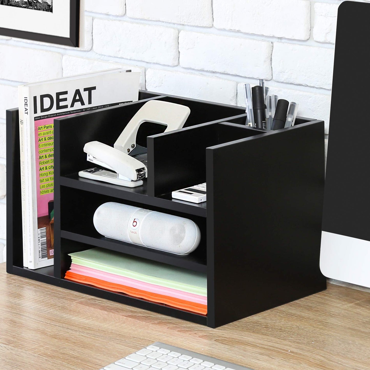 Wood Office Desk Organizer in White, Workspace Organizer with Letter Tray and 4 Upright Sections, Desktop Document Holder, File Sorter for Home or Office Supplies