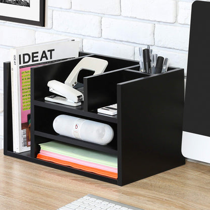 Wood Office Desk Organizer in White, Workspace Organizer with Letter Tray and 4 Upright Sections, Desktop Document Holder, File Sorter for Home or Office Supplies