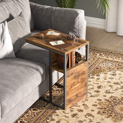 Sofa Side End Table, C Shaped Reversible Table with Wooden Shelf, Side Table for Living Room, Bedroom, Metal Frame Nightstand