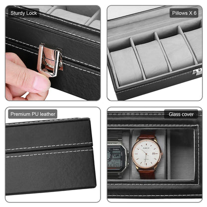 Watch Box Storage Box with 6 Grids, 6 Slots Watch Box Watch Display Box Organiser Watch Box for Men Black