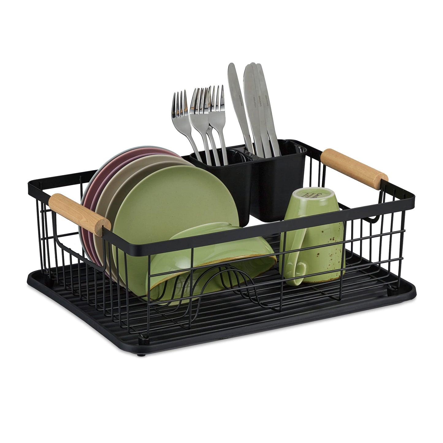 relaxdays Drainer, Cutlery Basket and Drying Tray, Kitchen Dish Rack, Plastic, Metal, Black