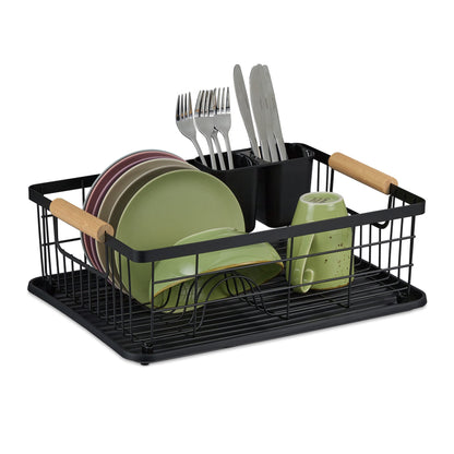 relaxdays Drainer, Cutlery Basket and Drying Tray, Kitchen Dish Rack, Plastic, Metal, Black