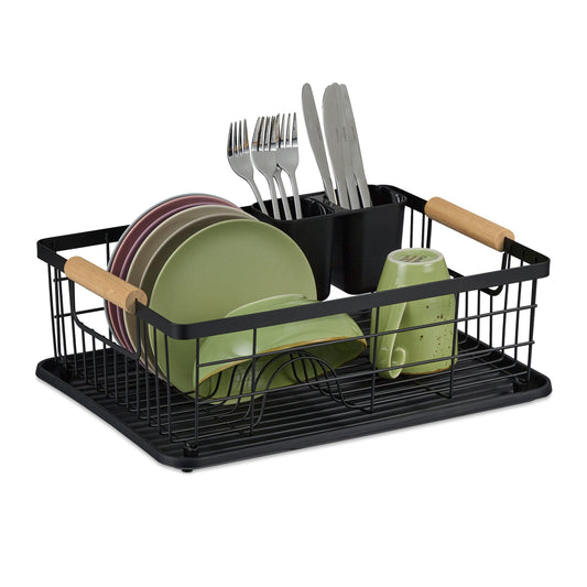 relaxdays Drainer, Cutlery Basket and Drying Tray, Kitchen Dish Rack, Plastic, Metal, Black