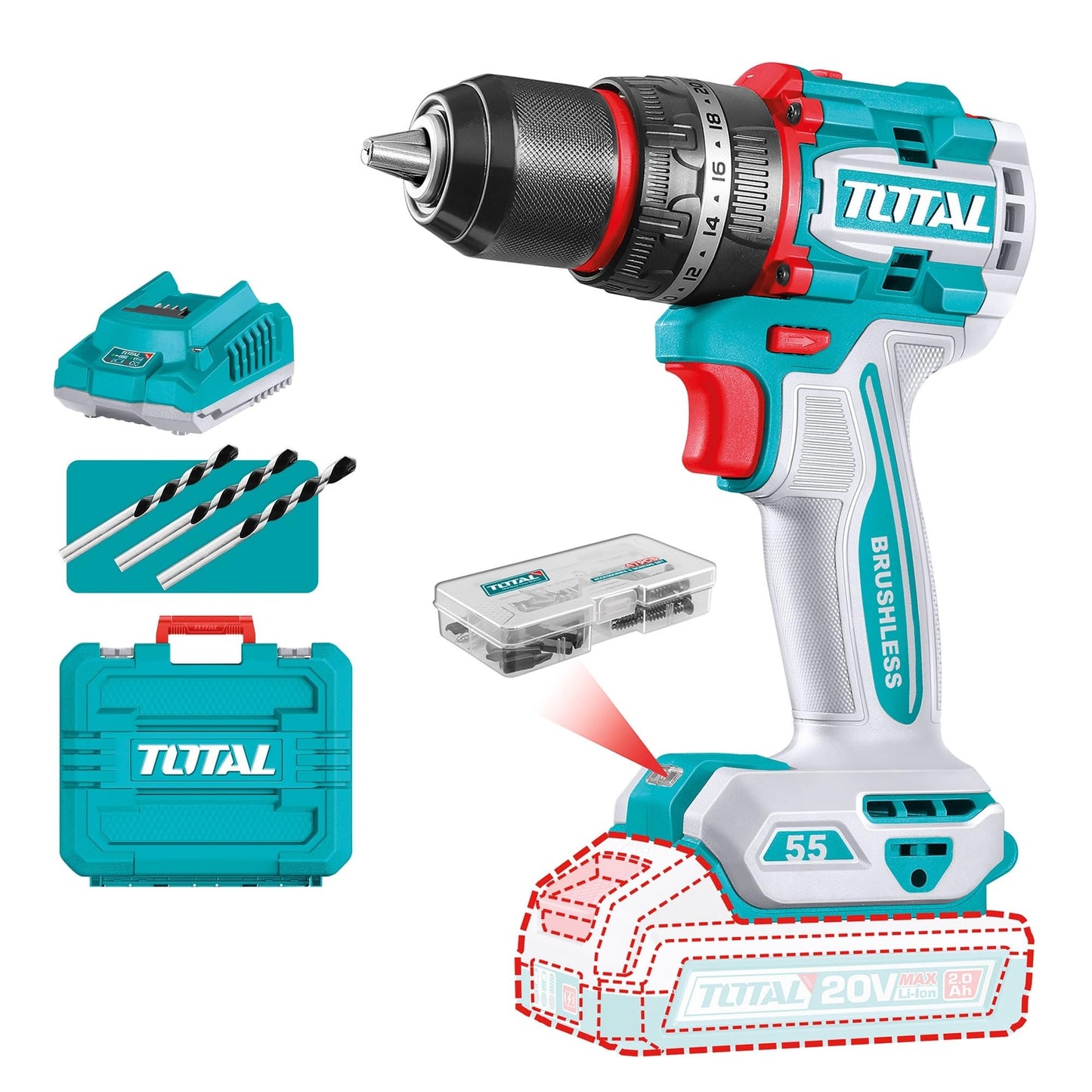 Compact Brushless Cordless Impact Drill 20V 55Nm With 2 batteries and charger TIDLI20558