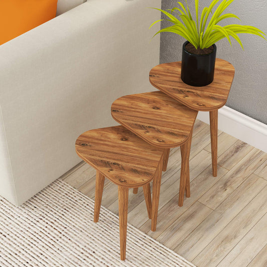 Set of 3 Pine Wood Triangle Nesting End Tables Round Wood Stacking Coffee Side Accent Table with Metal Legs for Living Room, Home Office, Nightstands for Bedroom