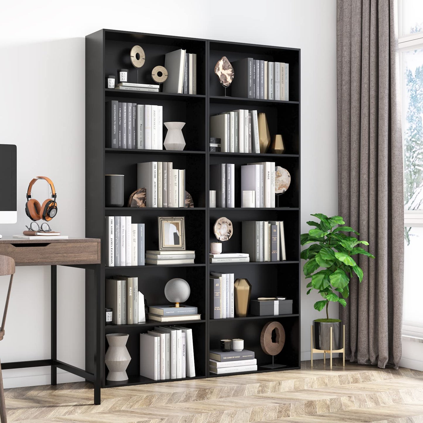 Bookcase 6 Tiers in Black, 60x23.5x180cm, Tall Bookshelf Display Shelf, Freestanding Wooden Storage Unit for Living Room, Bedroom, Office, Modern Vertical Shelf