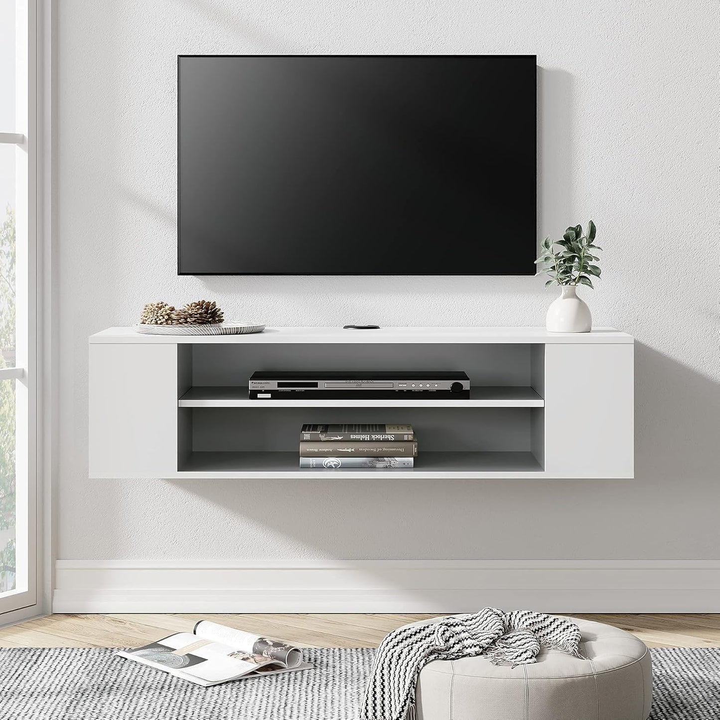 White Wooden Wall-Mounted TV Stand Shelf, Under-TV Storage Shelf and Media Console Rack for a Floating Entertainment Center in the Living Room, Space-Saving Furniture