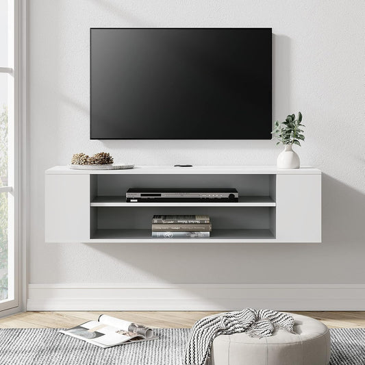 White Wooden Wall-Mounted TV Stand Shelf, Under-TV Storage Shelf and Media Console Rack for a Floating Entertainment Center in the Living Room, Space-Saving Furniture