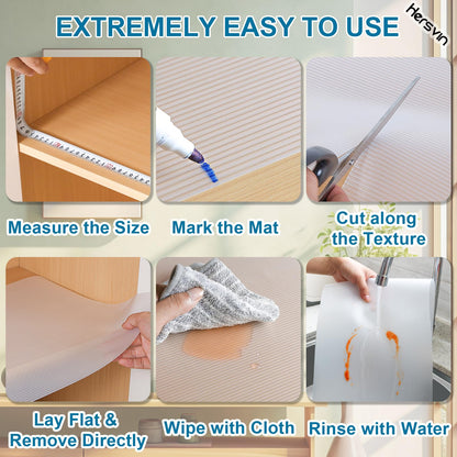 Hersvin Drawer Liners, 44.5cmx500cm Kitchen Shelf Liners Non-Adhesive Cabinet Mats Cupboard Protector EVA Plastic Lining Waterproof Washable Wipeable Anti-Slip Mats (Transparent Stripe)
