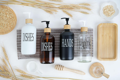 Emerson Soap Dispensers with Stainless Steel Pumps + 100% Bamboo Wood Tray | Kitchen Sink Dish Soap and Bathroom Hand Wash Glass Bottles Set | Waterproof | 16 Oz | Set of 2 (Wht/Blk/Bamboo Black)