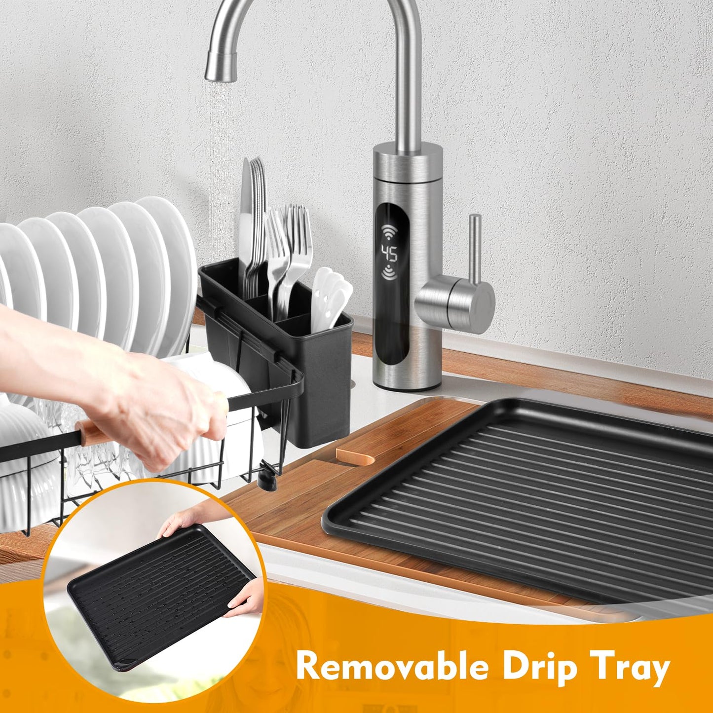 DPWEION Dish Drainer Rack for Kitchen-Metal Dishes Drying Rack with Drip Tray/Cutlery Holder/Wooden Handles-Draining Board Racks(43x31x12cm,Black)