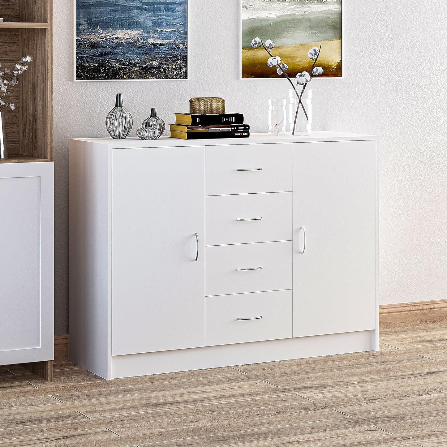 Freestanding Sideboard Cabinet with 2 Doors and 4 Drawers, Versatile Organizer for Kitchen, Dining, or Living Room in a Clean White Finish with a Modern Minimalist Style