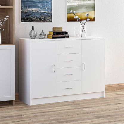 Freestanding Sideboard Cabinet with 2 Doors and 4 Drawers, Versatile Organizer for Kitchen, Dining, or Living Room in a Clean White Finish with a Modern Minimalist Style