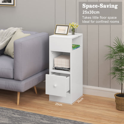 White Bedside Table, H 25 x W30 x W66 cm, TalLNightstand with 1 Drawer and 2 Open Compartments, Slim End Table for SmalLBedroom, NarroWStorage Unit
