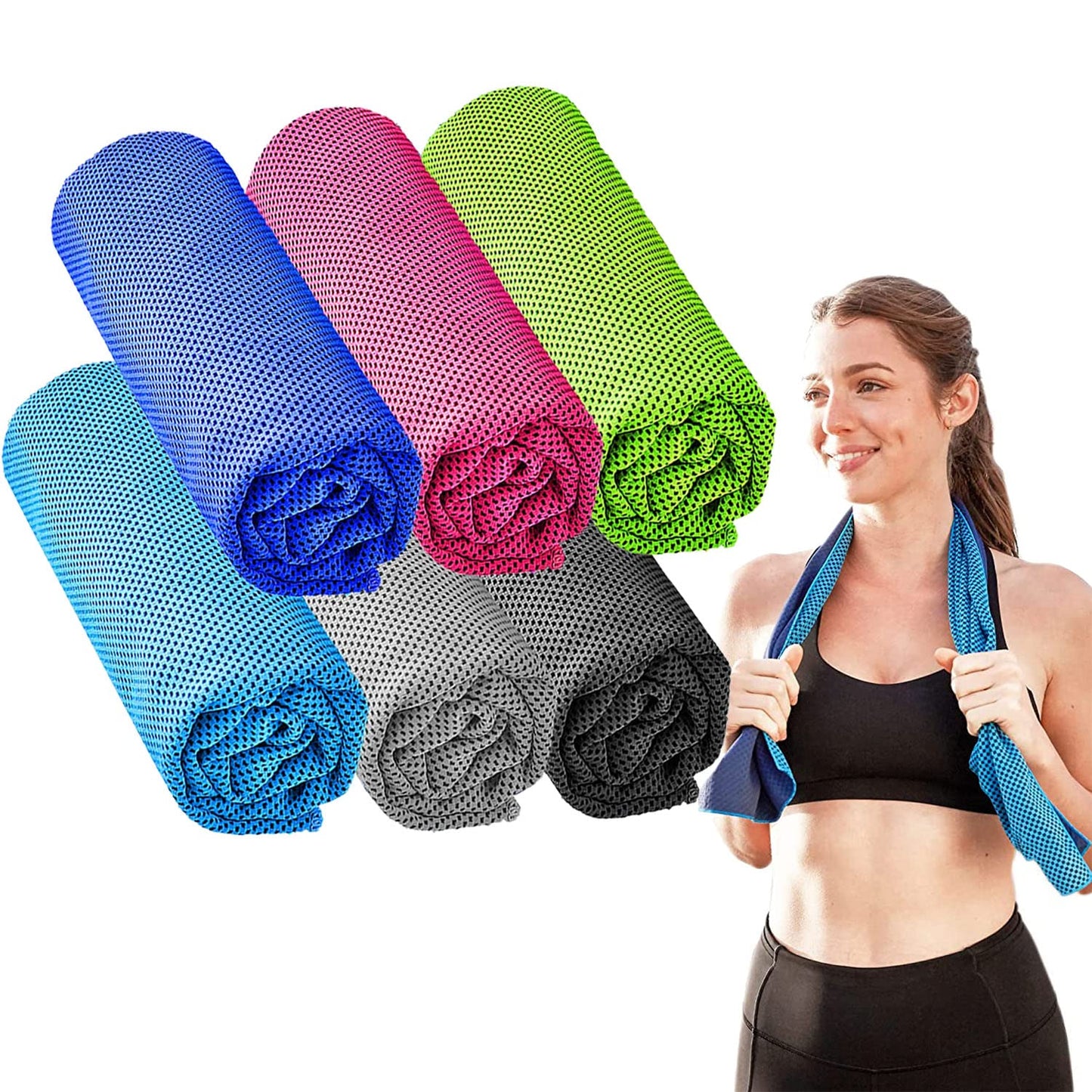 Cooling Towels 6 Pack - Lightweight Microfiber Towel for Gym, Workout, Sport & Sweat - Quick Dry Towel for Body, Neck & Face During Work, Travel, Camping, Swimming, Beach, Hot Weather for Men & Women