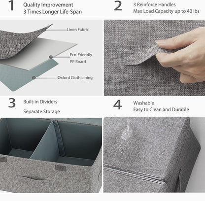 Foldable Divided Clothes Organizer Box with Two Spacious Slots and Lids, Large Capacity Storage Solution for Wardrobe Organization, Durable Fabric, 50 x 30 x 30 cm - Grey