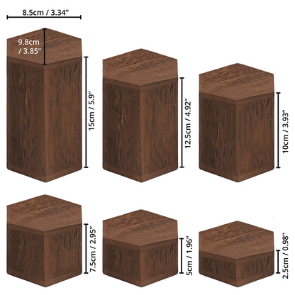 Set of 6 Hexagonal Wooden Display Risers, Geometric Showcase Stands for Jewelry, Figures, and Desserts, Multi-Level Hollow Plinths for Retail, Home, & Party Decor