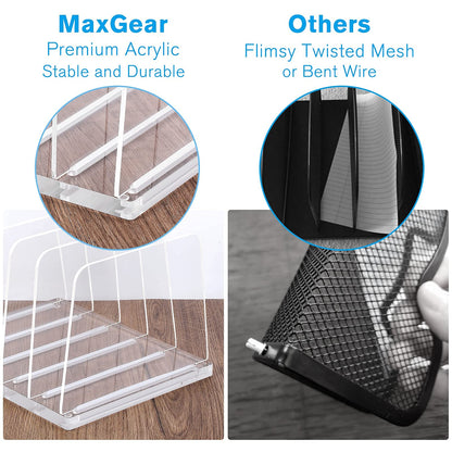 5-Section Vertical Acrylic File Organizer, Clear Desktop File Folder Holder and Sorter Rack, Durable Document Stand for Office, School, and Home Use, Modern and Sleek Workspace Accessory