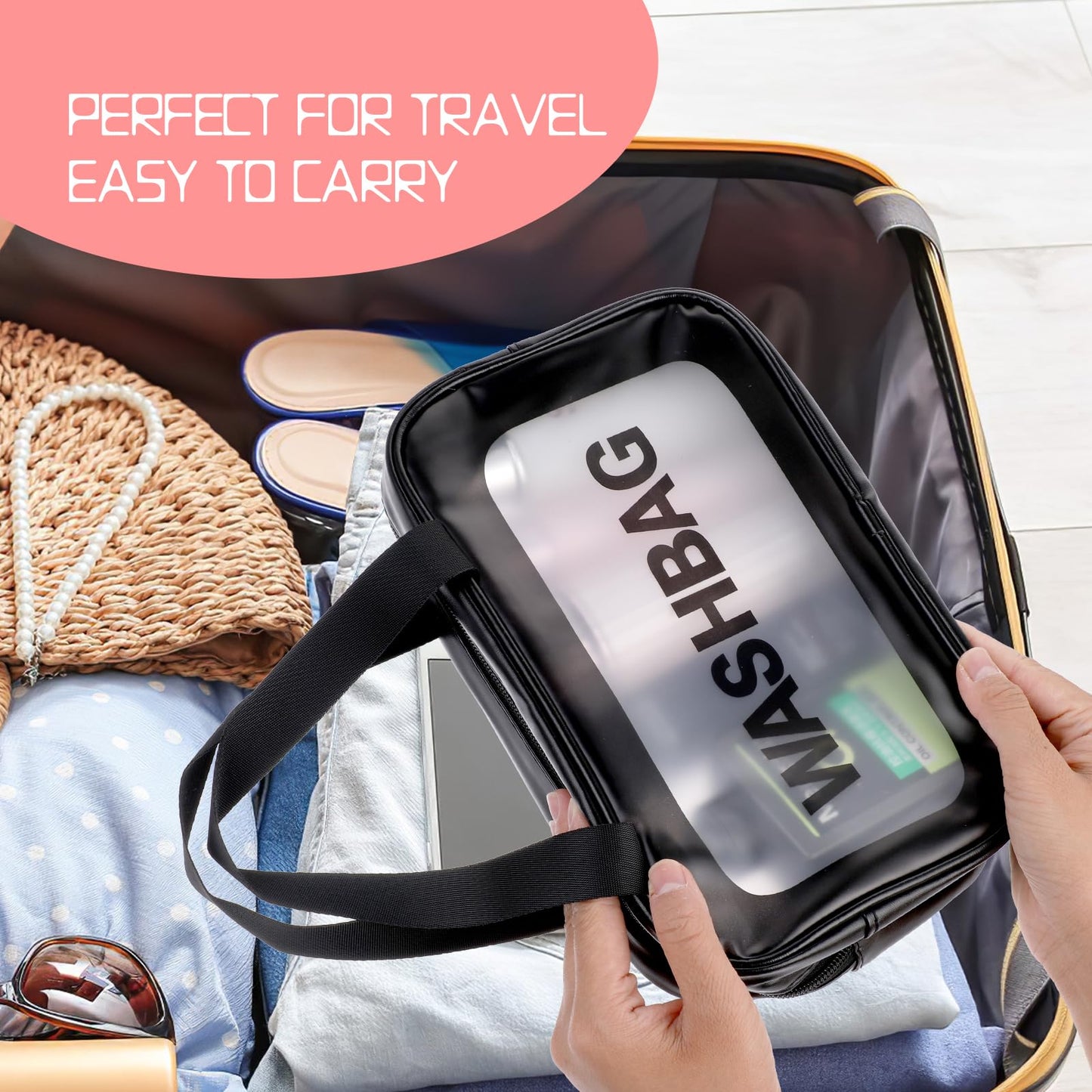 WLLHYF Clear Toiletry Bag 3 Pcs Travel Cosmetic Bags Zipper Makeup Handle Portable Luggage Pouch Multipurpose Transparent Waterproof Pouch for Women Men Traveling, Black, Fashion