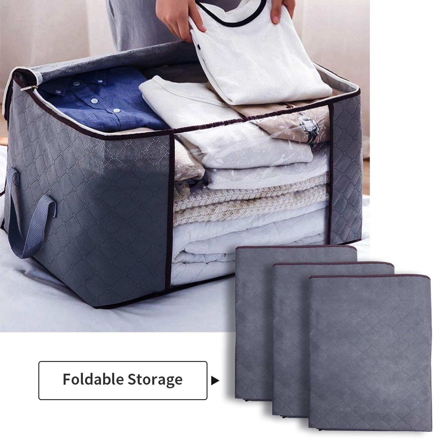 Protecu Large Clothing Storage Bins Box with Handles & Clear Window | Foldable Bedding Comforter Blanket Storage Bags with Zippers (Grey, 90L)