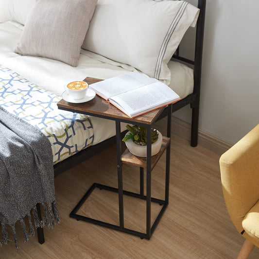 End Table C Shaped Side Table for Sofa Laptop Couch and Bed, Black/Rustic Brown