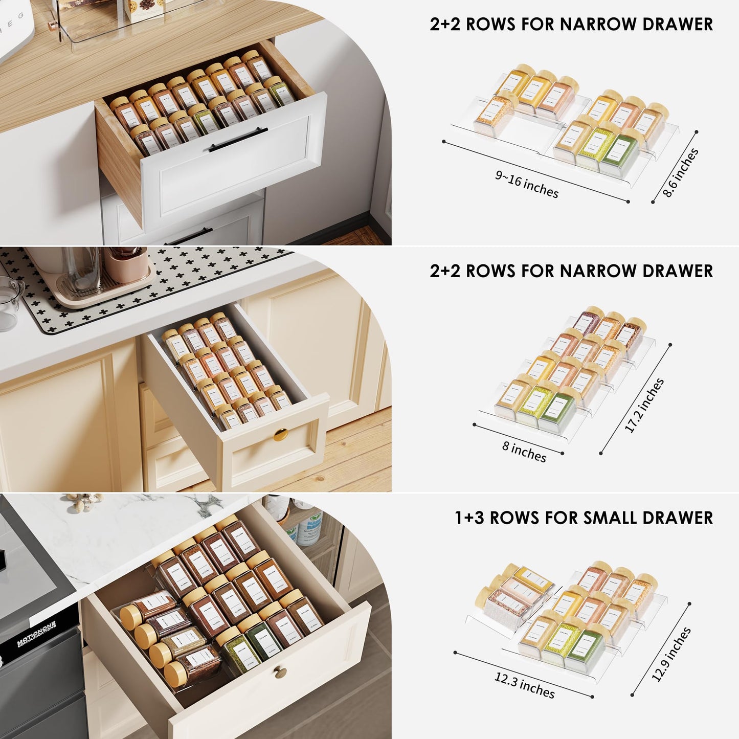Jadehom Spice Drawer Organizer, 6 Pcs Clear Acrylic In Drawer Seasoning Jars Rack, Expandable From 8" to 16" Kitchen Cabinets/Countertop Drawer Spice Rack Tray (Fit Small Drawer?