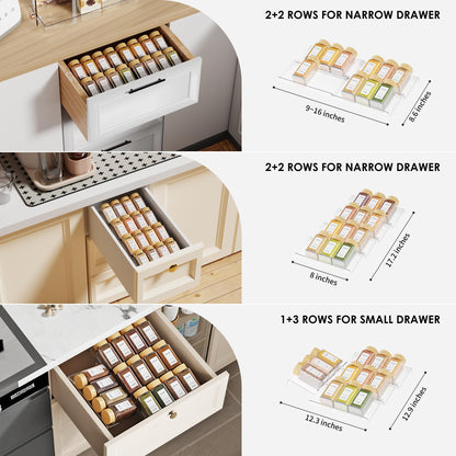 Jadehom Spice Drawer Organizer, 6 Pcs Clear Acrylic In Drawer Seasoning Jars Rack, Expandable From 8" to 16" Kitchen Cabinets/Countertop Drawer Spice Rack Tray (Fit Small Drawer?