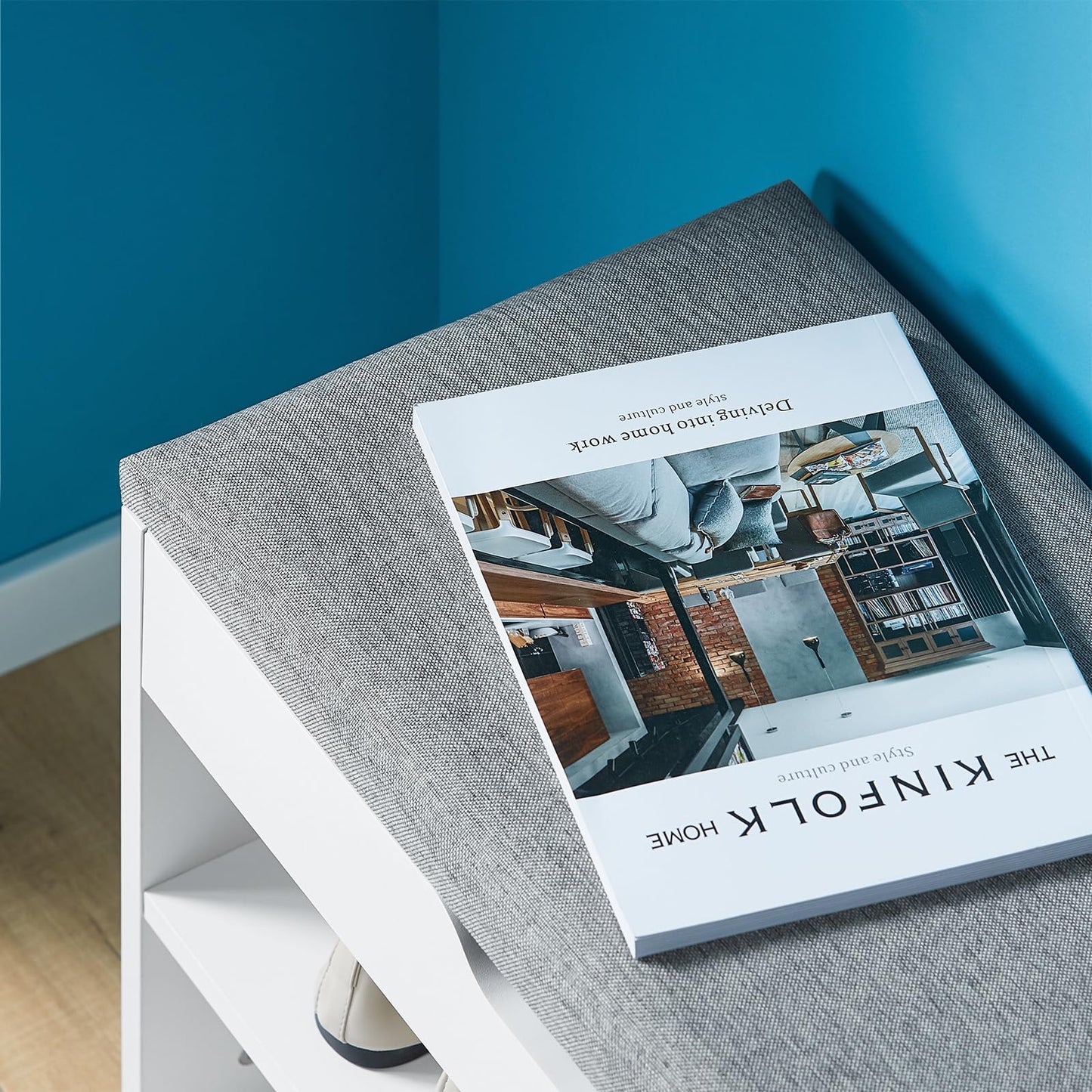 Shoe Storage Bench with Padded Seat, a functional entryway Shoe Rack and Cabinet, W60 x H43 x D30 cm, finished in a soft and neutral Light Grey color