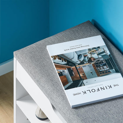 Shoe Storage Bench with Padded Seat, a functional entryway Shoe Rack and Cabinet, W60 x H43 x D30 cm, finished in a soft and neutral Light Grey color