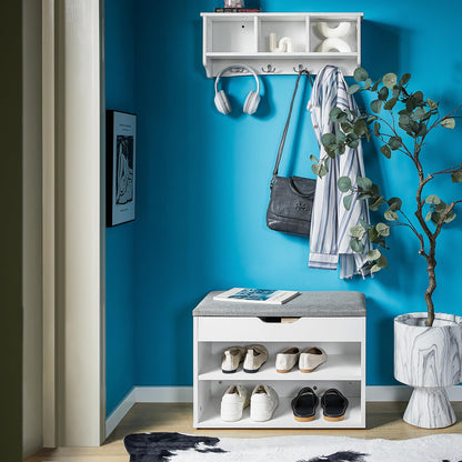 Shoe Storage Bench with Padded Seat, a functional entryway Shoe Rack and Cabinet, W60 x H43 x D30 cm, finished in a soft and neutral Light Grey color