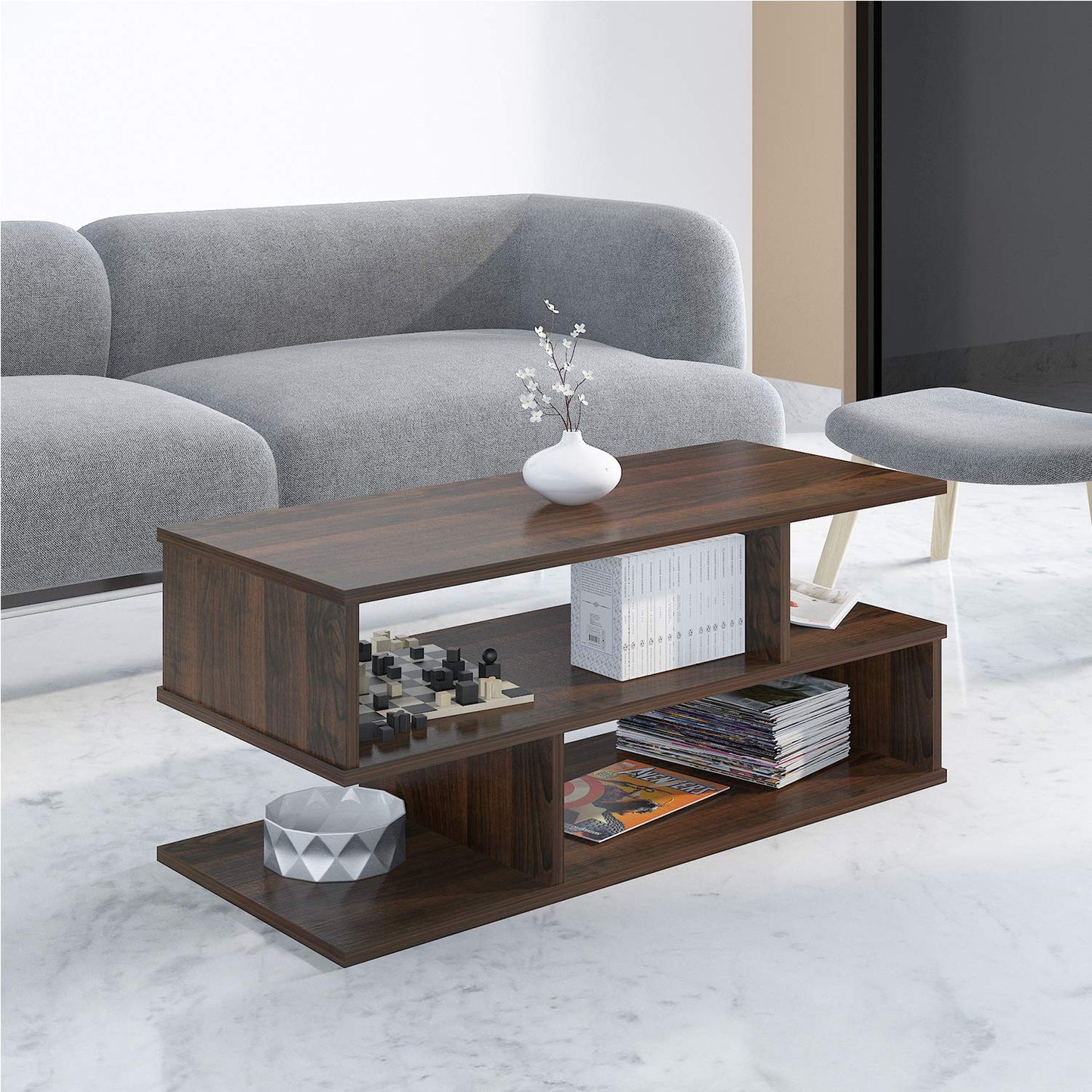 s-Shape Wood Coffee Table in Walnut, Modern Centre Table for Living Room, Tea Table with Lower Shelf, Unique Geometric Design, Two-Tier Storage