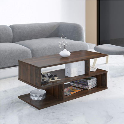 s-Shape Wood Coffee Table in Walnut, Modern Centre Table for Living Room, Tea Table with Lower Shelf, Unique Geometric Design, Two-Tier Storage