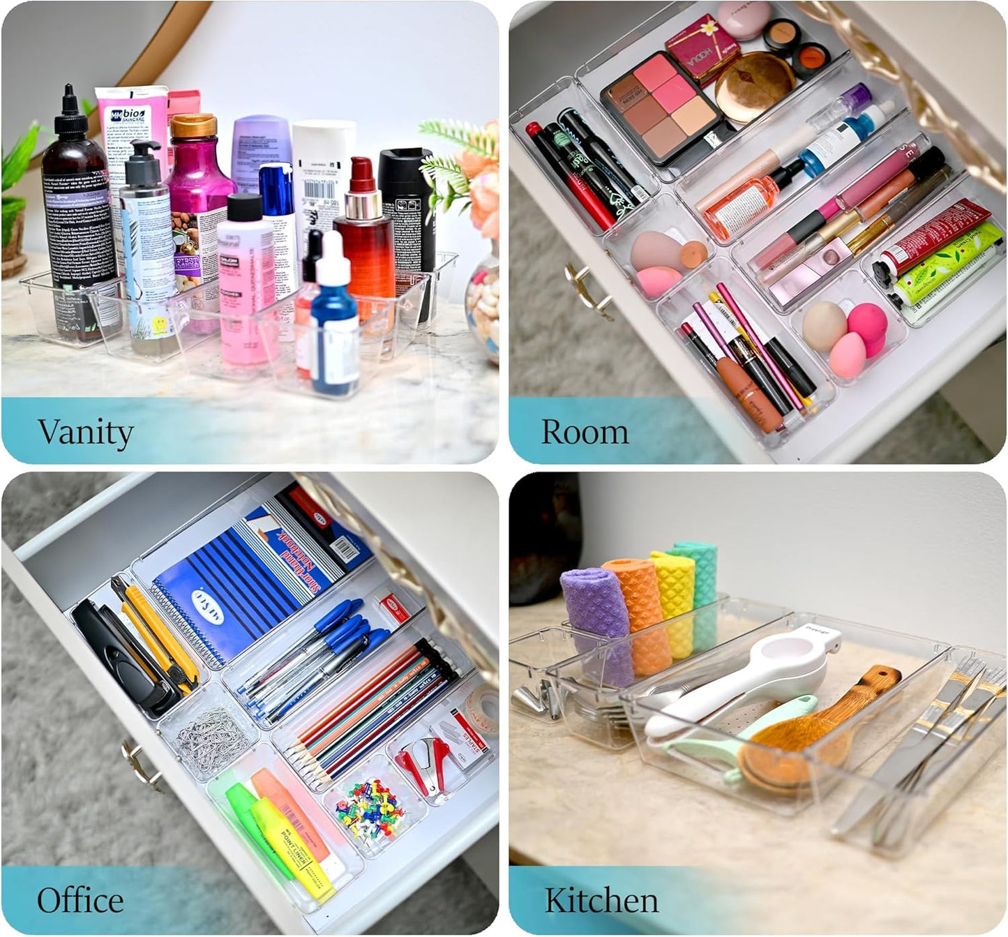 Xpandio Clear Plastic Drawer Organizers Set, 4 different size Versatile Bathroom and Vanity Drawer Organizer Trays, Storage Bins for Makeup, Bedroom, Kitchen Gadgets Utensils and Office (4 PC SET NEW)