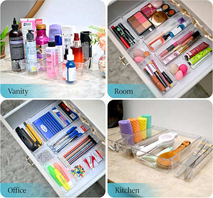 Xpandio Clear Plastic Drawer Organizers Set, 4 different size Versatile Bathroom and Vanity Drawer Organizer Trays, Storage Bins for Makeup, Bedroom, Kitchen Gadgets Utensils and Office (4 PC SET NEW)