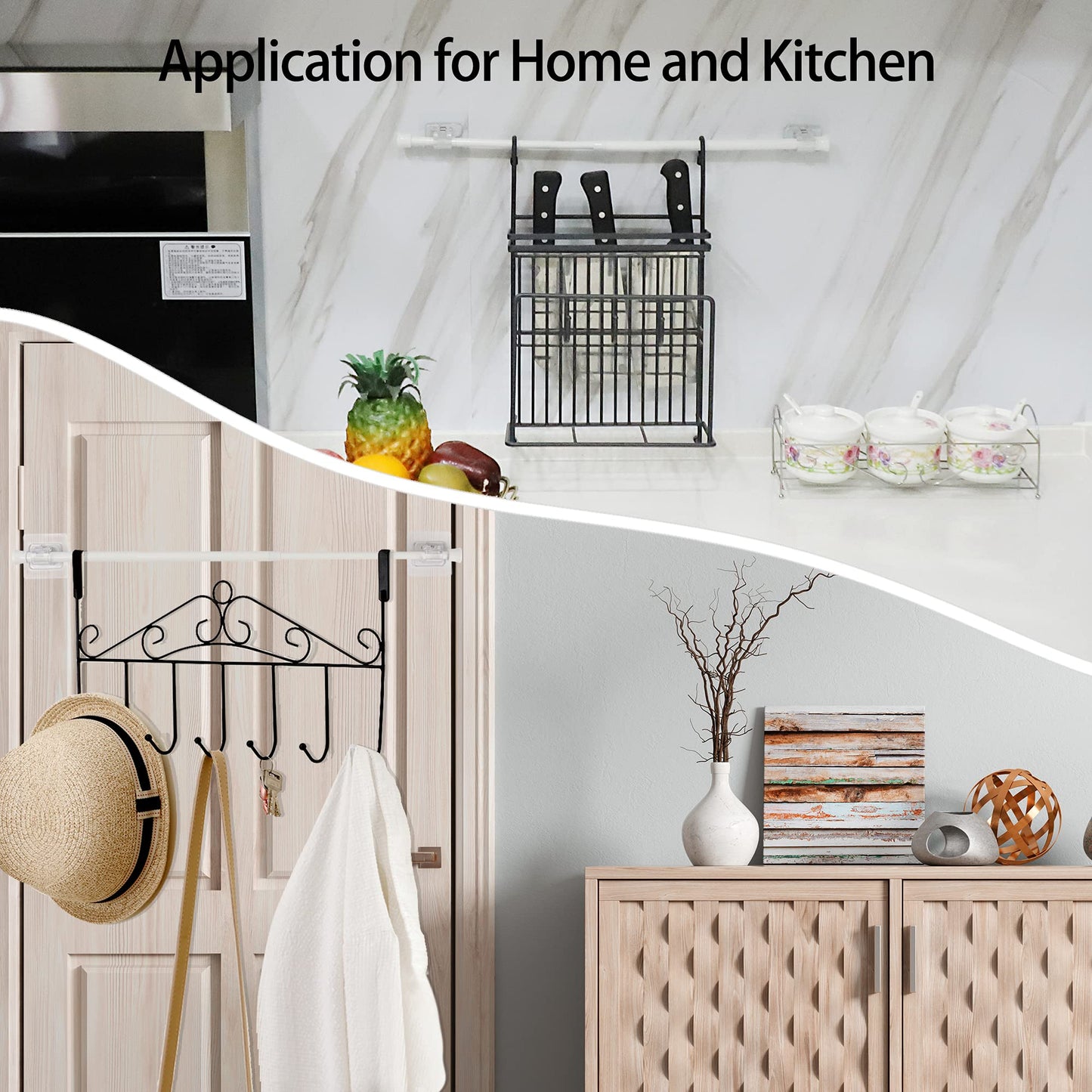 Self-Adhesive Curtain Rod Bracket, 8 Pack No Drill Curtain Rod Brackets, 3M Nail Free Drapery Hook Holders, Curtain Pole Wall Brackets, Towel Rod Hooks for Bathroom Kitchen Home