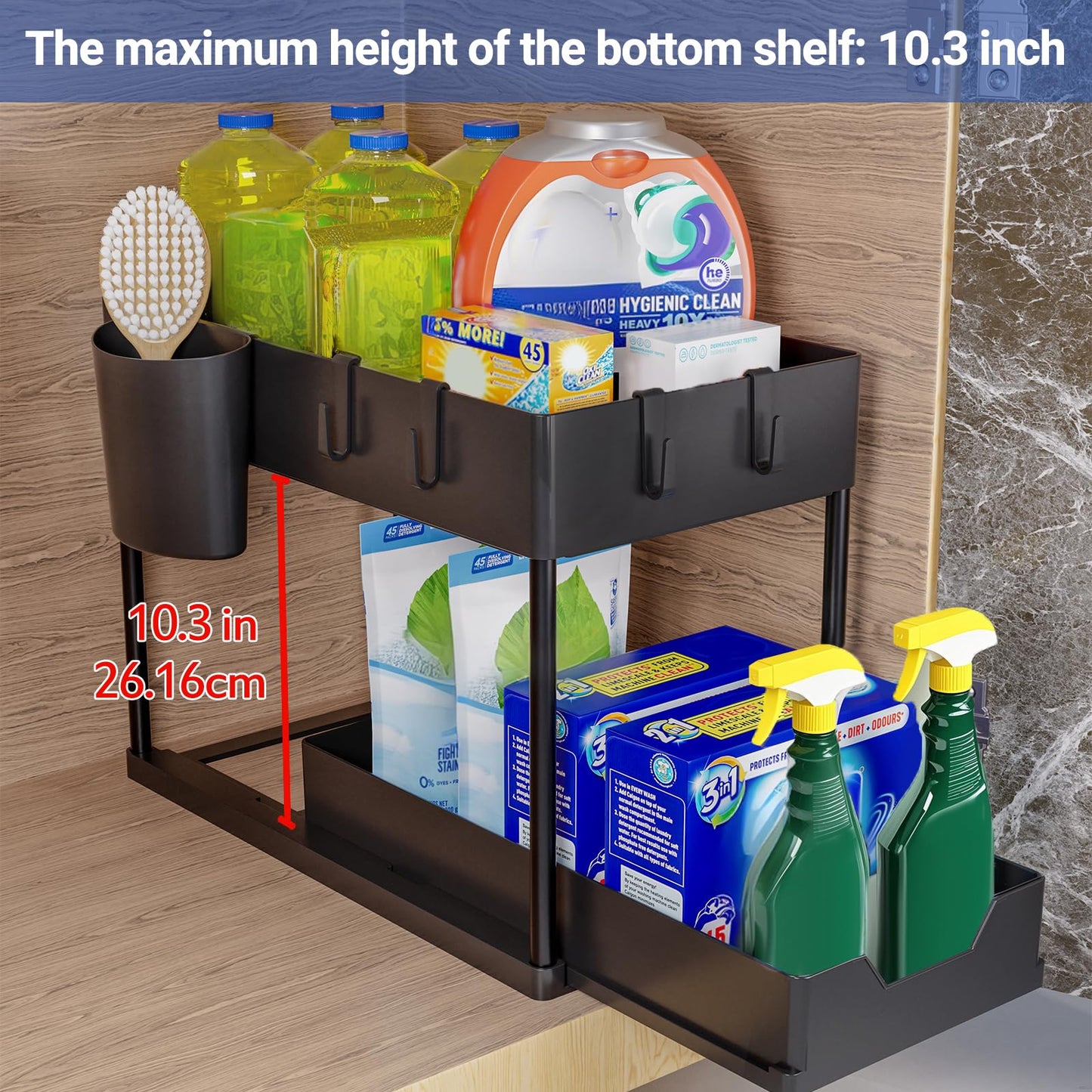 Puricon 2 Pack Under Sink Organizers and Storage Pull Out Sliding Drawer, 2 Tier Multi-purpose Kitchen Under the Sink Organizer Under Bathroom Sink Shelf Storage Rack for Countertop Laundry -Black