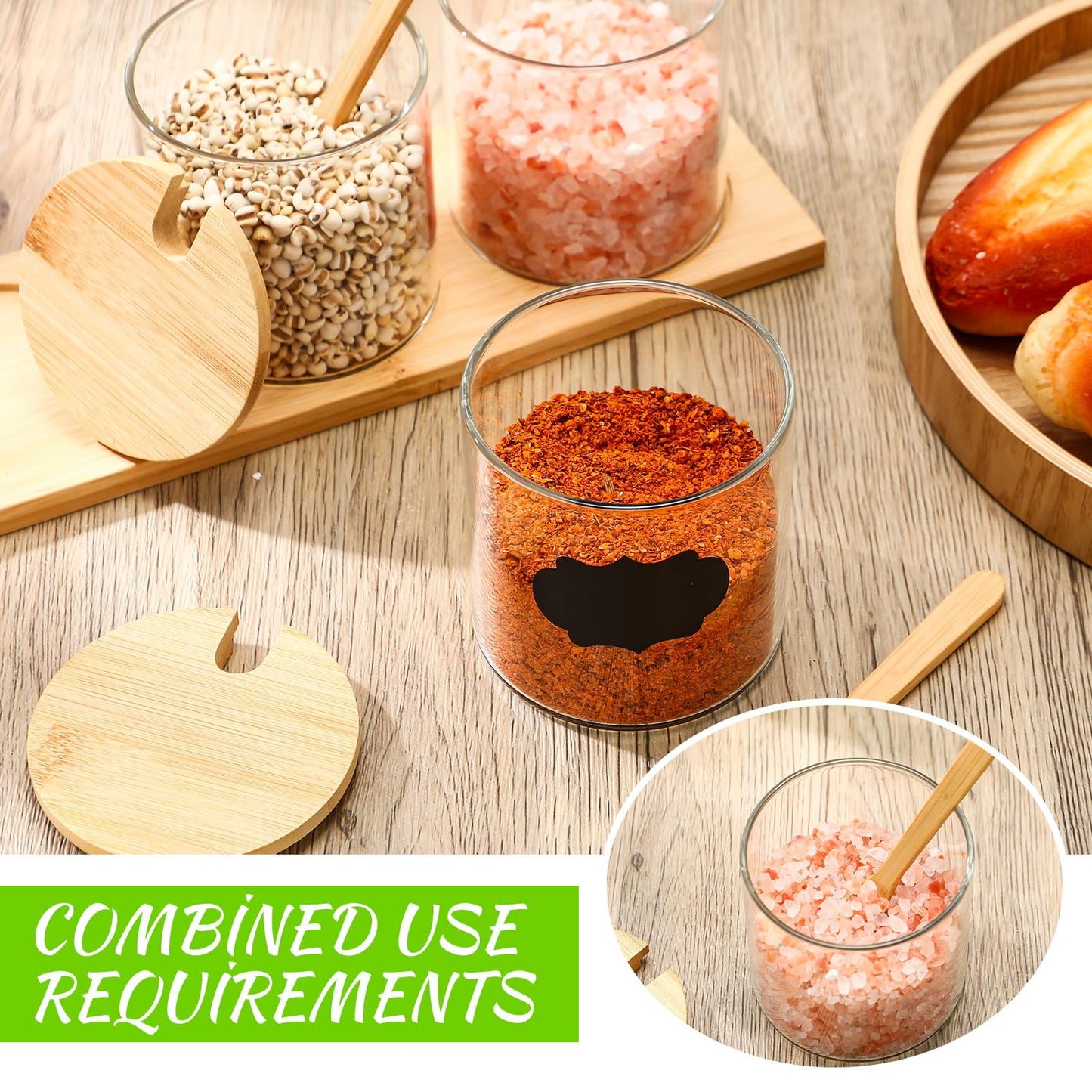 Baderke 3 Pcs Condiment Jars, 300 ml / 10 oz Glass Container Box with Bamboo Spoon Lid and Base Clear Seasoning Box Adorable Condiment Pots Spice Containers for Sugar Pepper Cruet