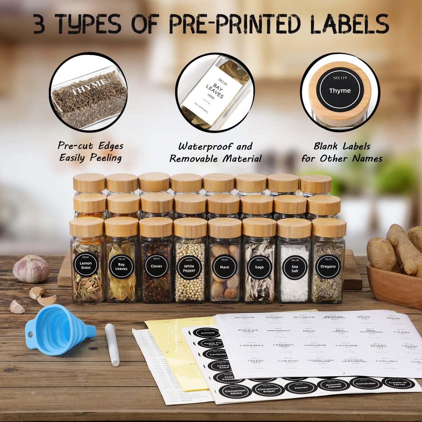 24 Pcs Glass Spice Jars with Bamboo Lids, 4 oz Glass Jars with Minimalist Farmhouse Spice Labels Stickers, Collapsible Funnel, Seasoning Storage Bottles for Spice Rack, Cabinet, Drawer