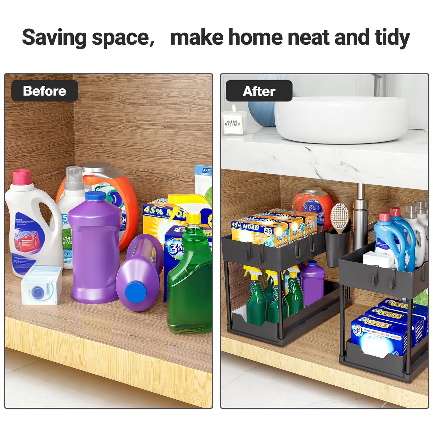 Puricon 2 Pack Under Sink Organizers and Storage Pull Out Sliding Drawer, 2 Tier Multi-purpose Kitchen Under the Sink Organizer Under Bathroom Sink Shelf Storage Rack for Countertop Laundry -Black