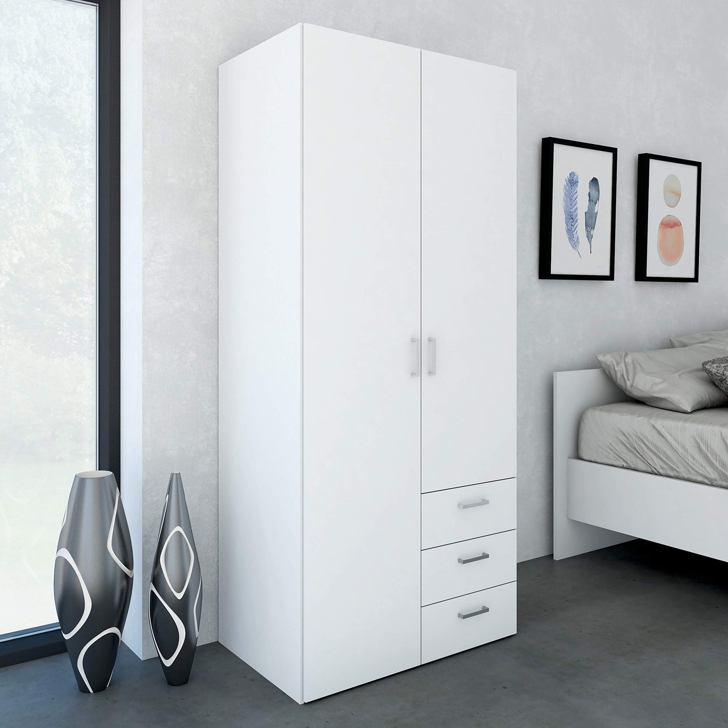 Space Wardrobe with 2 Doors and 3 Drawers in White, Wood Armoire with Hanging Rail and Shelves, Large Bedroom Storage Cabinet, Combination Closet