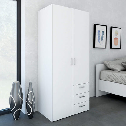 Space Wardrobe with 2 Doors and 3 Drawers in White, Wood Armoire with Hanging Rail and Shelves, Large Bedroom Storage Cabinet, Combination Closet